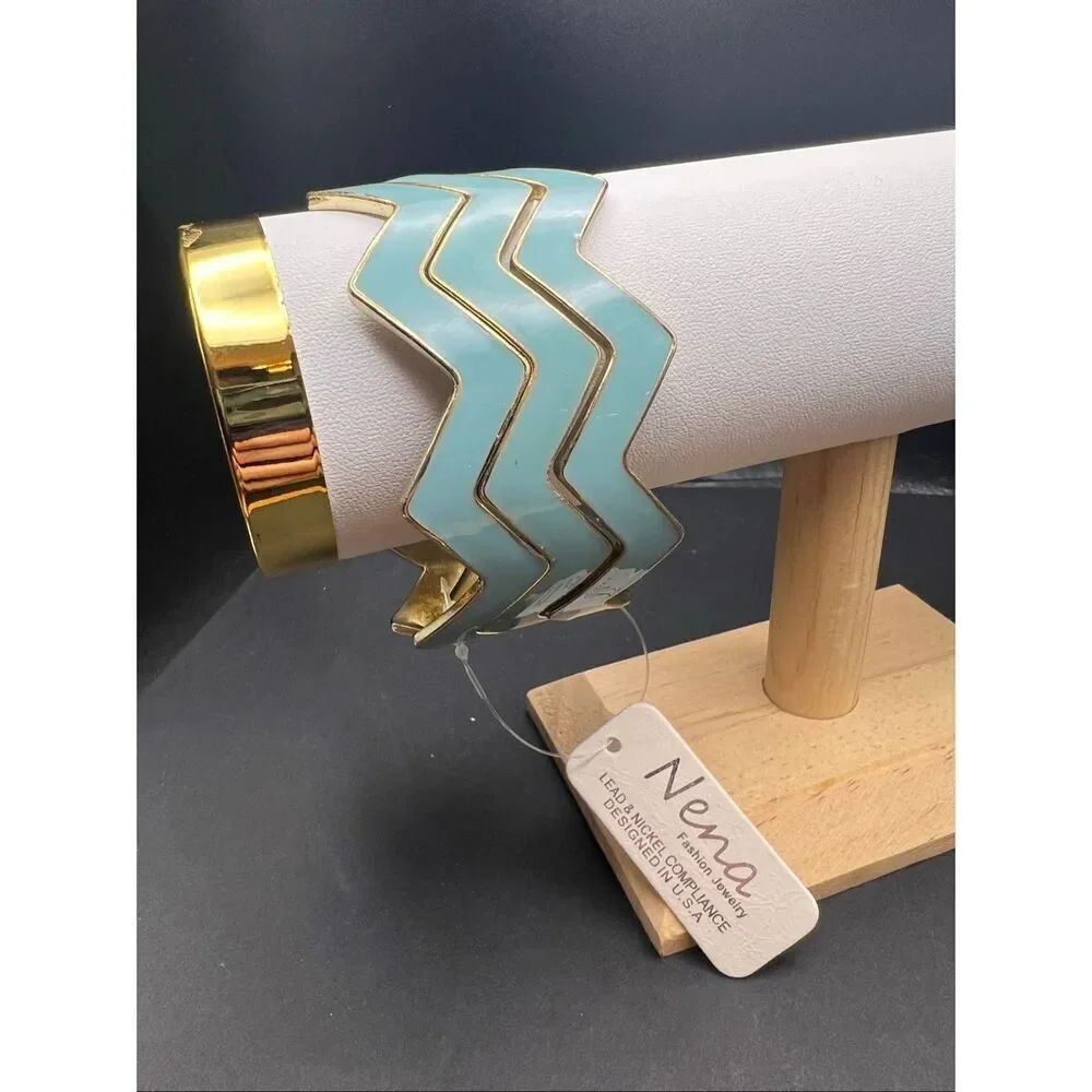 New! Nena Gold Tone Light Blue Stacking Chevron Set of 3 Bangle Bracelets